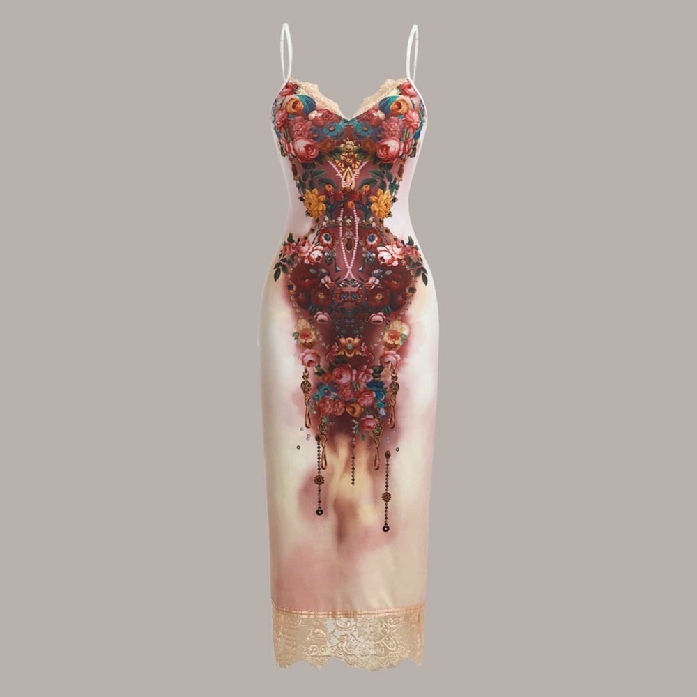 ❌SOLD❌ ROMWE PUNK Floral Print Lace Trim Cami Dress